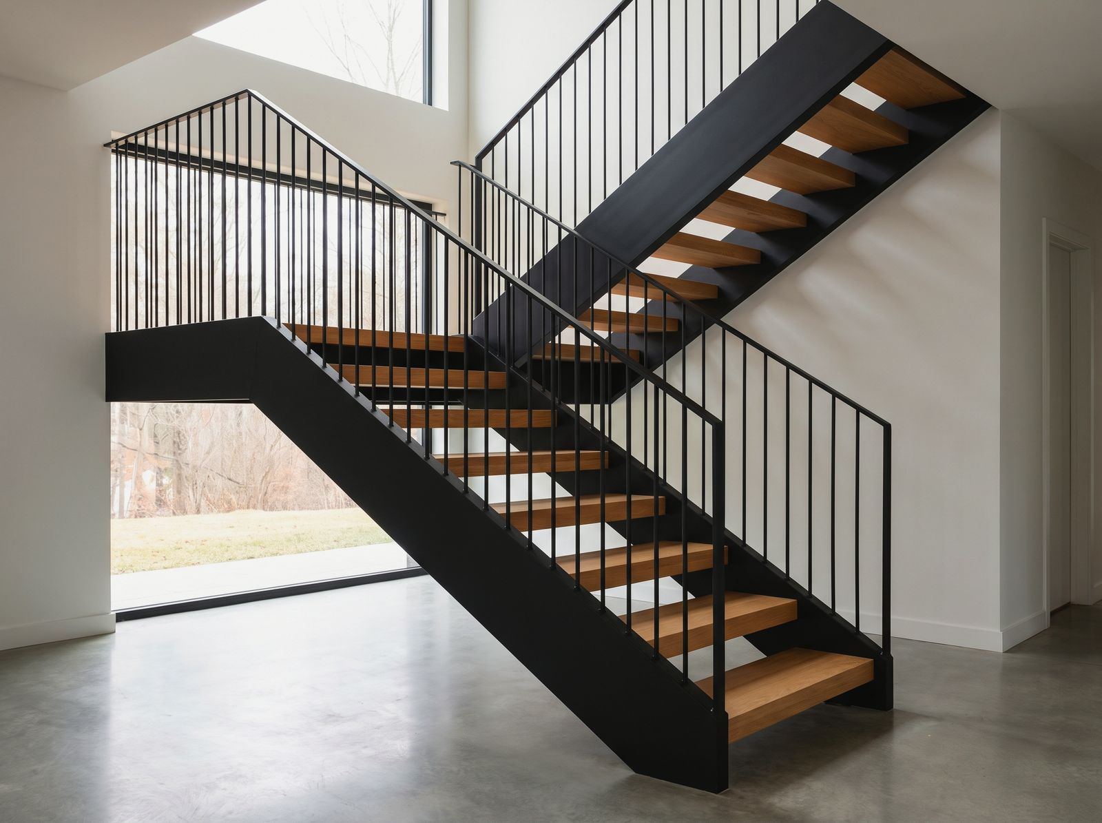 Image créée par IA : escalier à deux volées et palier, limons en acier