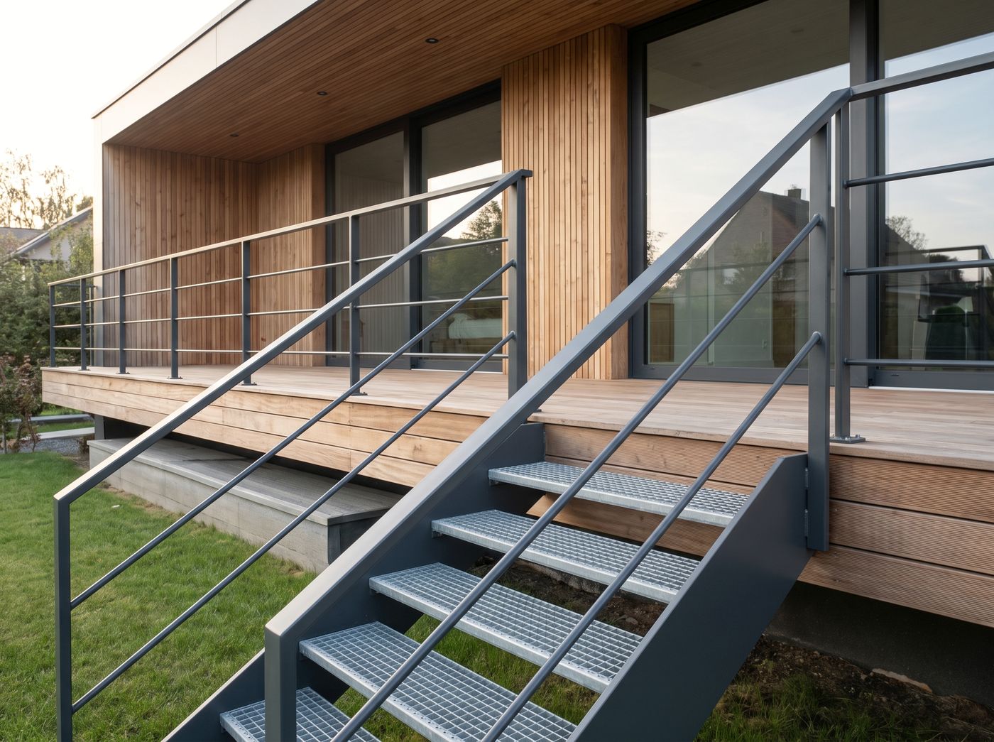 Image créée par IA : escalier extérieur en acier avec marches caillebotis