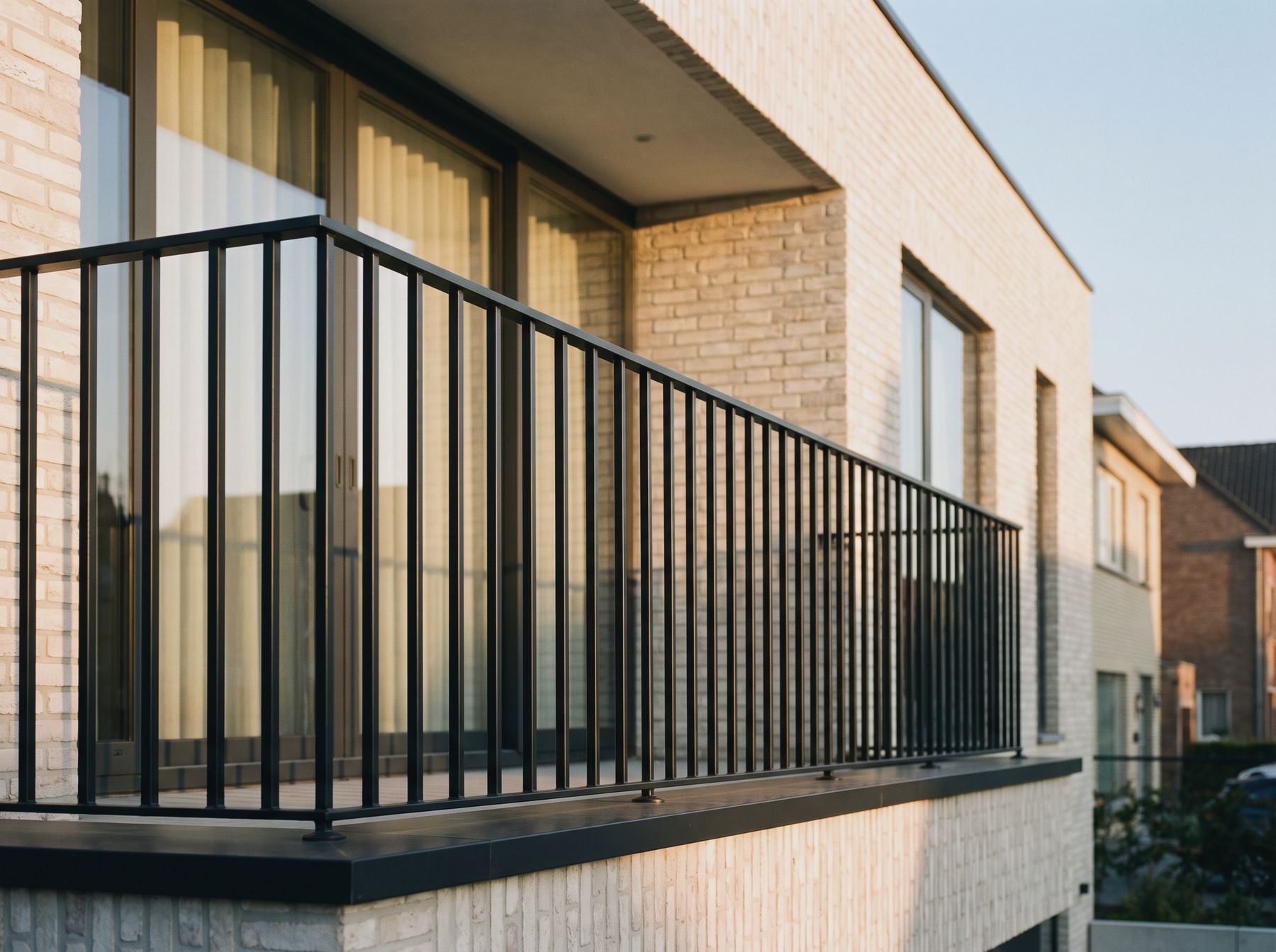Image créée par IA : garde-corps de balcon à barreaudage vertical en acier