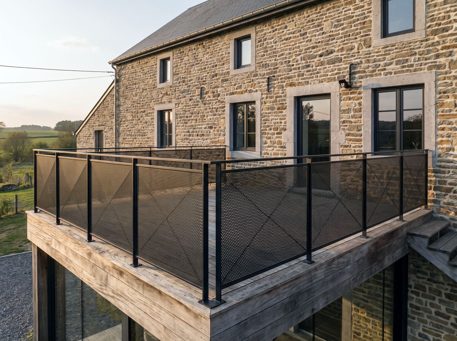 Image créée par IA : garde-corps de terrasse en acier sur une maison en pierre