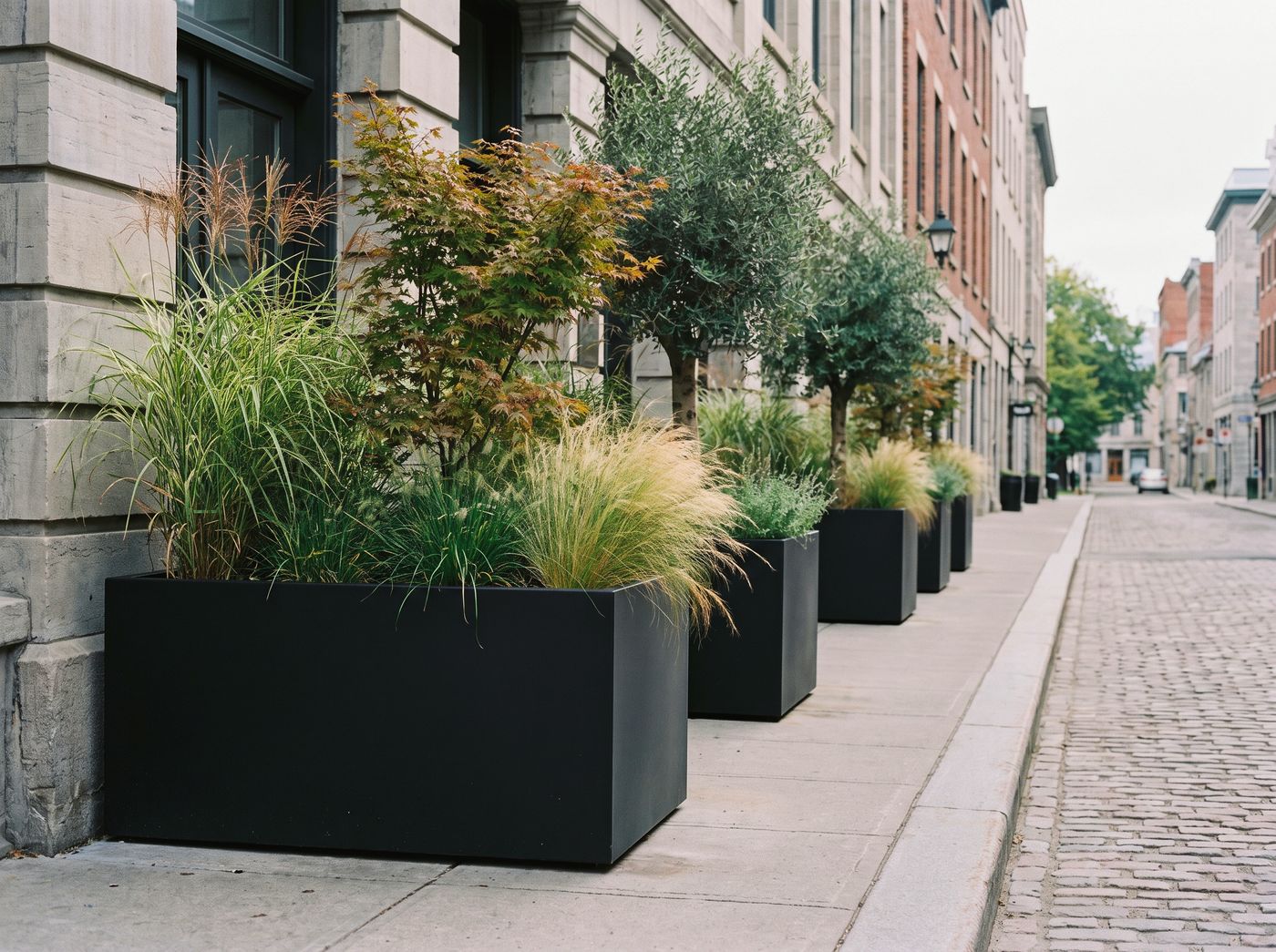 Image créée par IA : jardinières de rue en acier thermolaqué