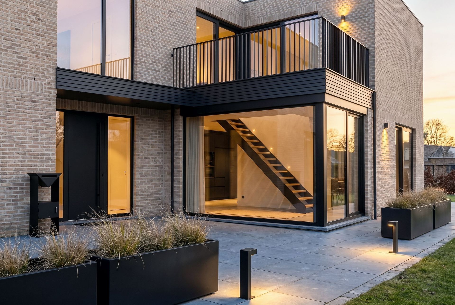 Maison contemporaine au crépuscule avec garde-corps, escalier, bornes et bacs en acier