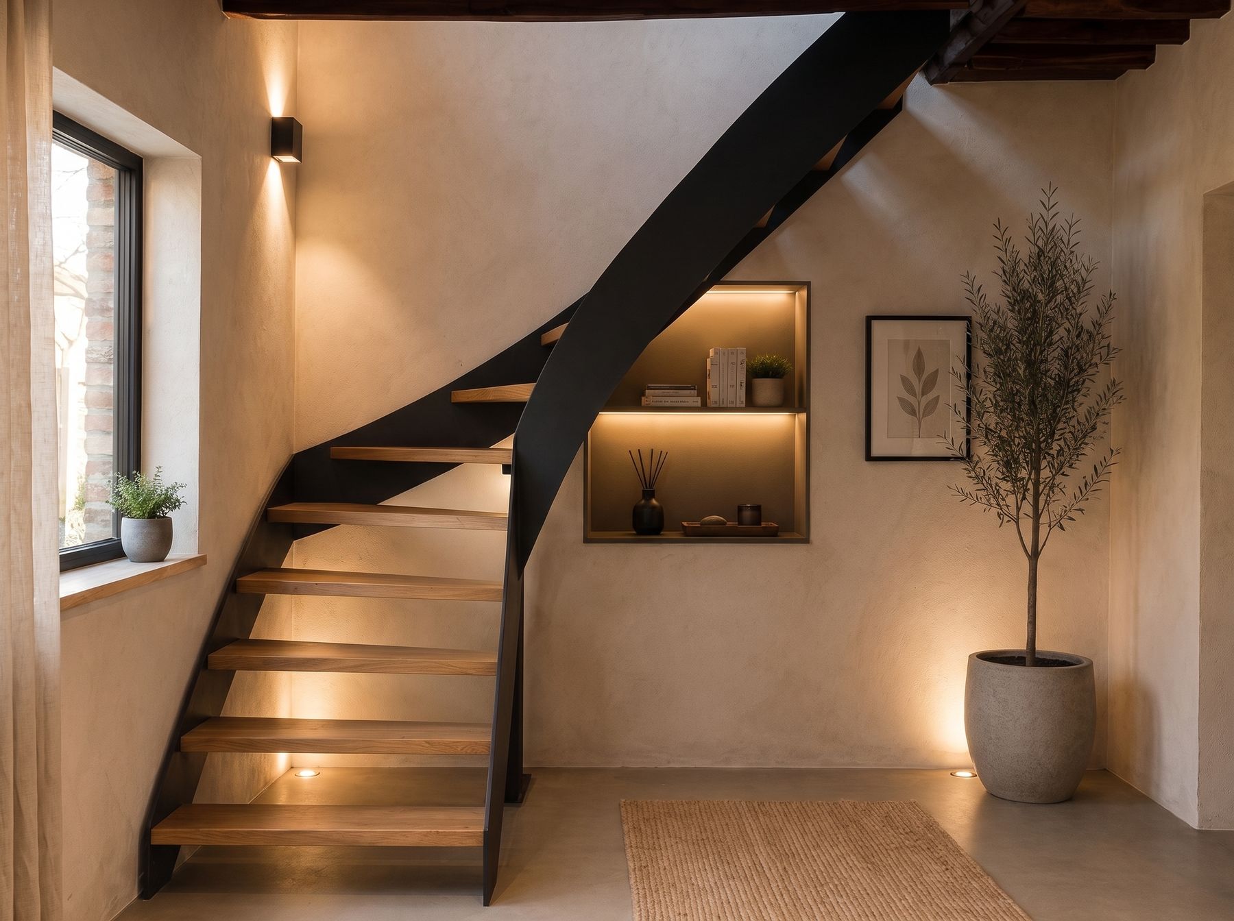 Mise en situation (décor créé par IA) : escalier tournant à limon en acier et marches en chêne, dans un intérieur lumineux