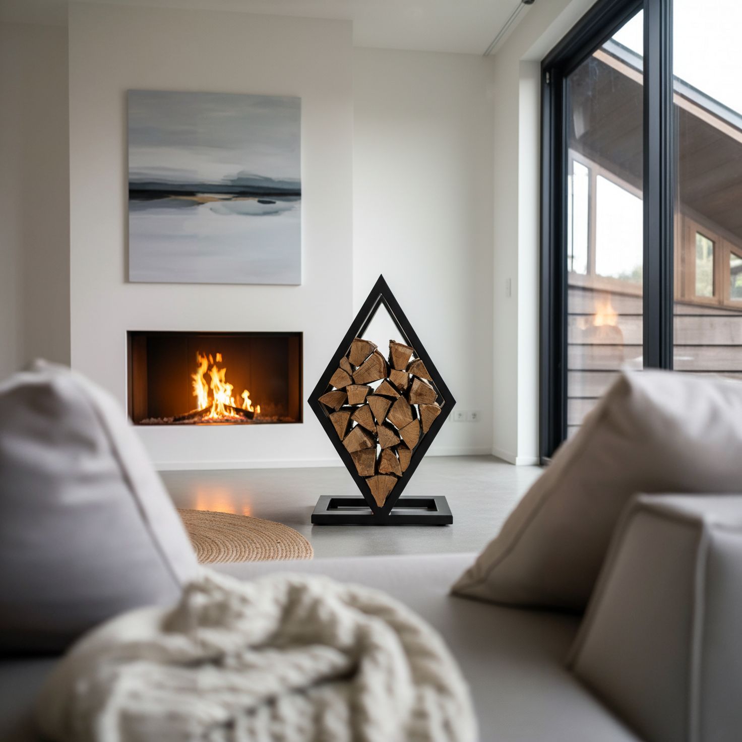 Mise en situation (décor créé par IA) : range-bûches en acier noir en losange, dans un salon lumineux près de la cheminée
