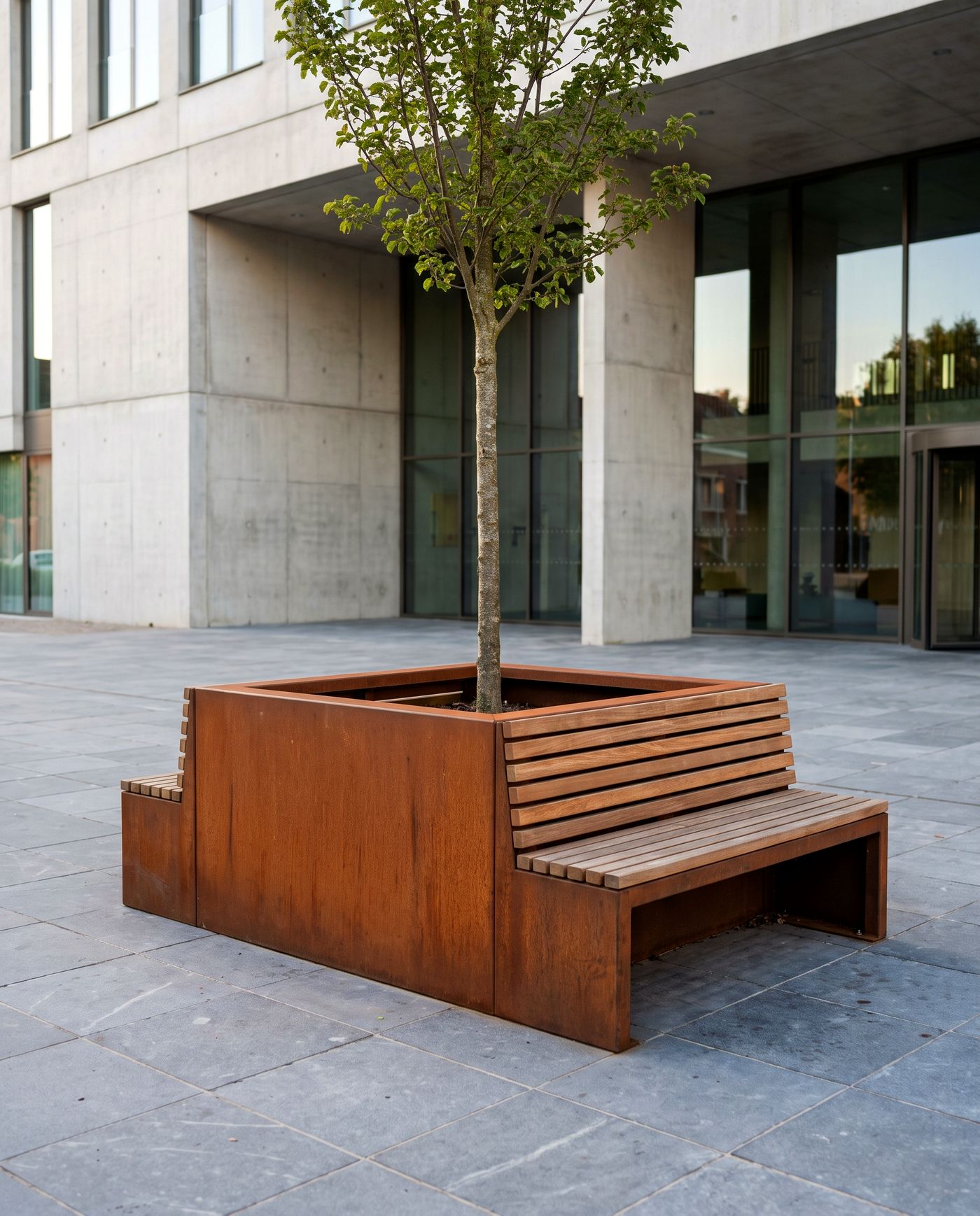Image créée par IA : entourage d’arbre carré en acier Corten avec assise en bois