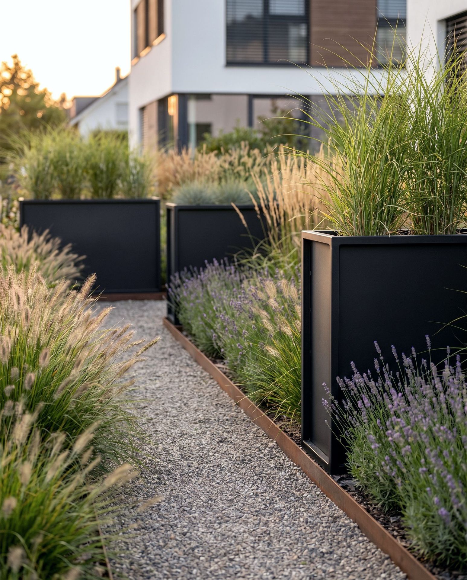 Image créée par IA : allée de jardin avec bordures en acier Corten et bacs en acier noir