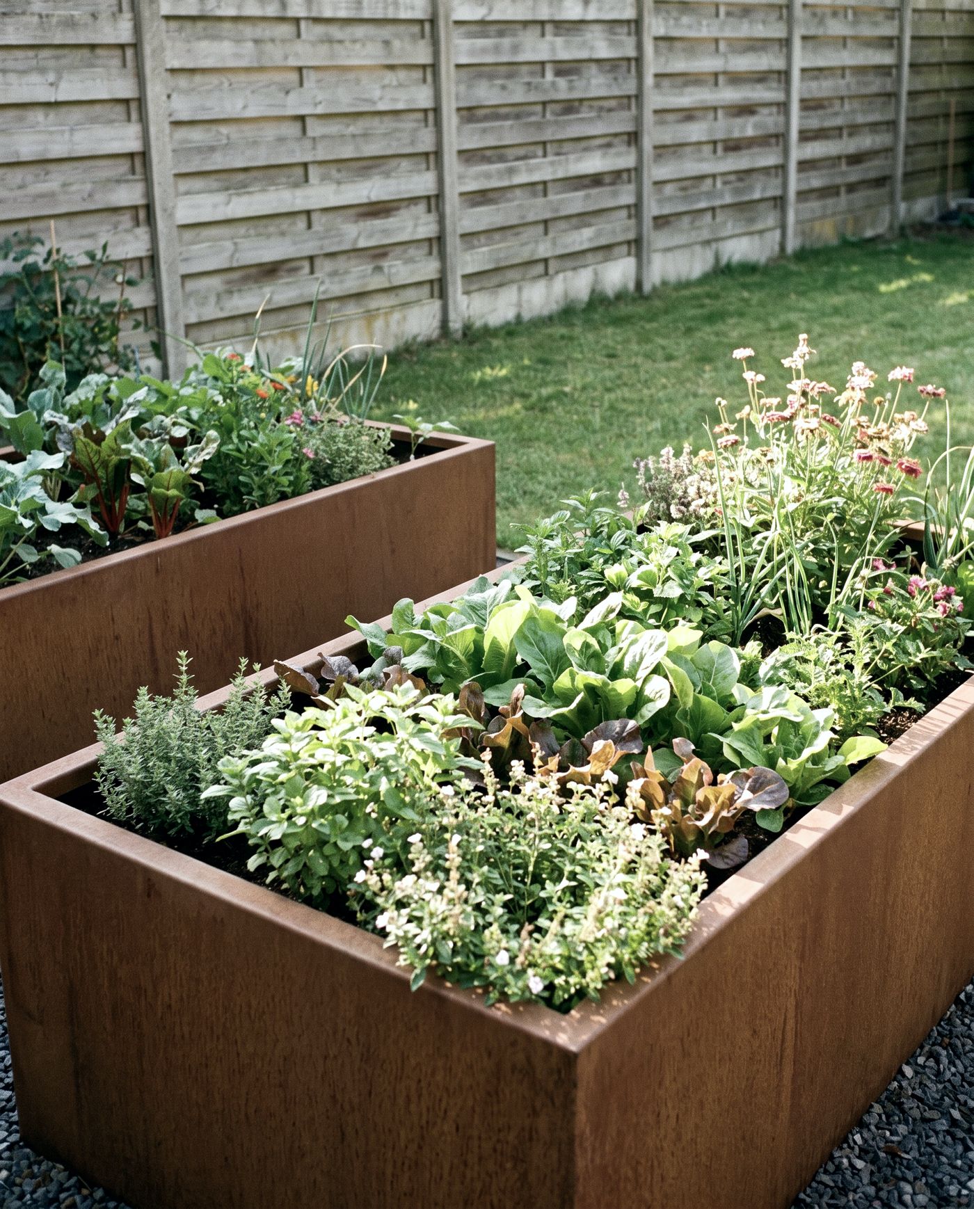 Image créée par IA : bacs potagers surélevés en acier Corten dans un jardin