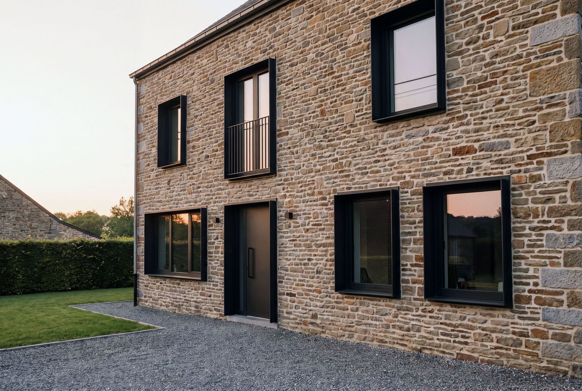 Image créée par IA : maison en pierre rénovée avec encadrements de fenêtres en acier noir et garde-corps de fenêtre