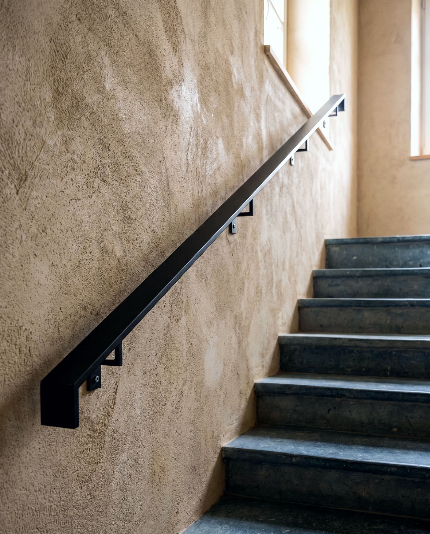 Image créée par IA : main courante murale en acier noir le long d’un escalier en pierre bleue