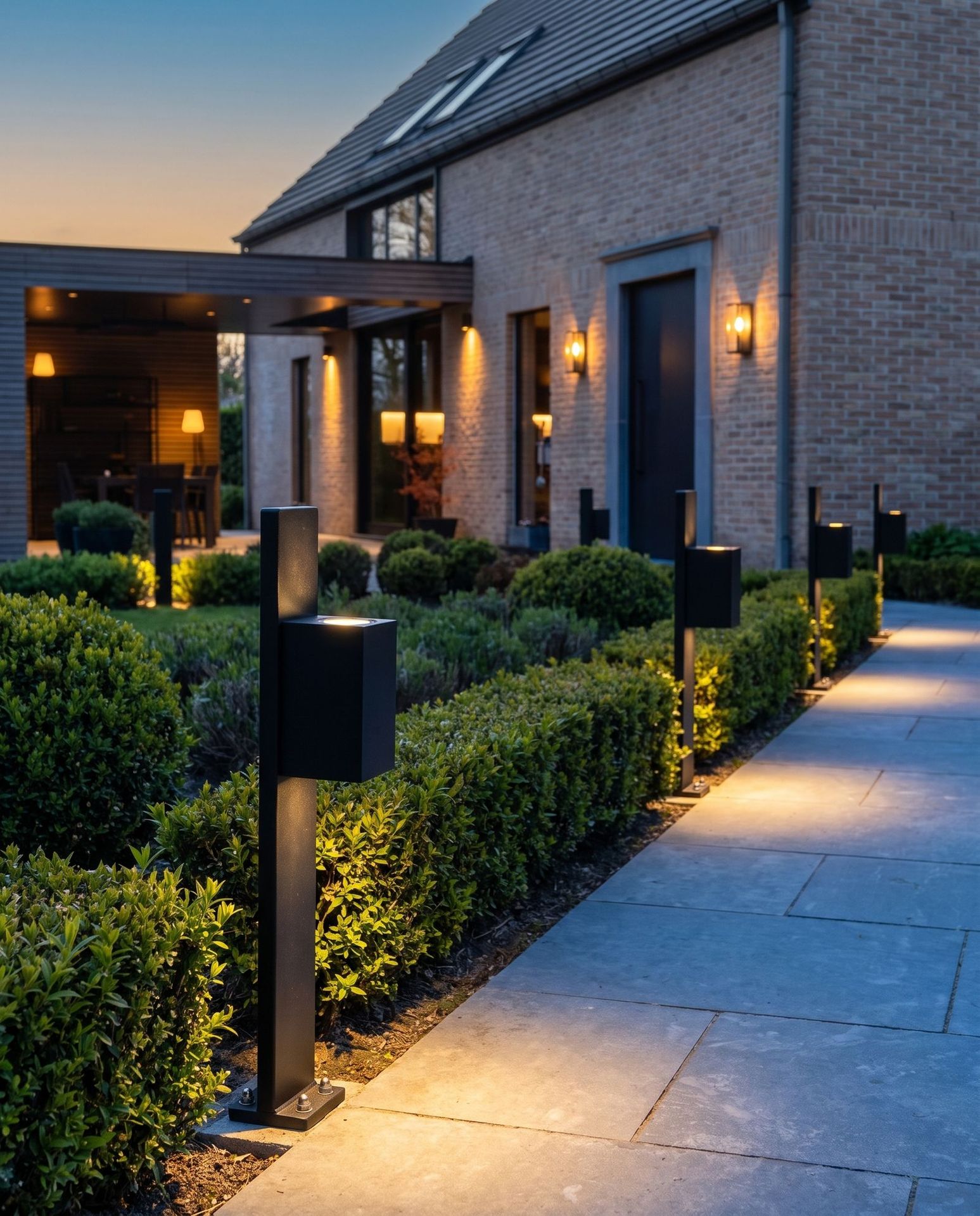 Bornes lumineuses en acier noir allumées le long d’une allée d’entrée au crépuscule