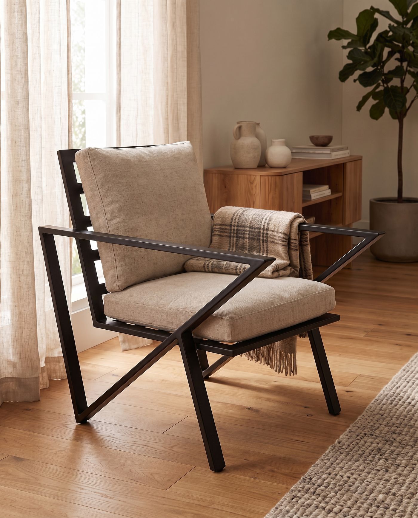 Fauteuil en fers plats d’acier noir avec coussins en lin, dans un salon lumineux